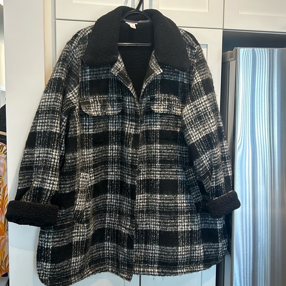 Joe Fresh Sherpa Teddy Fleece Black and White Checkered Shacket Coat Size 3X - Picture 3 of 15